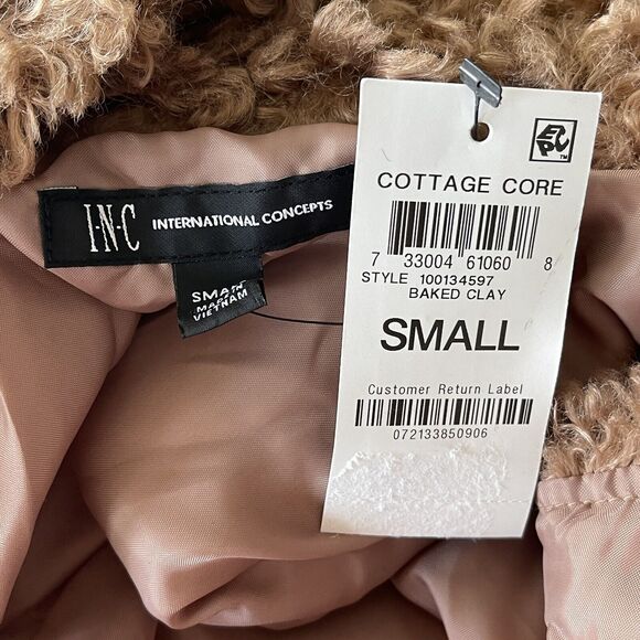 INC Small Faux Fur Vest Full-Zip Sleeveless Lined Pockets Collared Clay Tan New - Picture 9 of 12